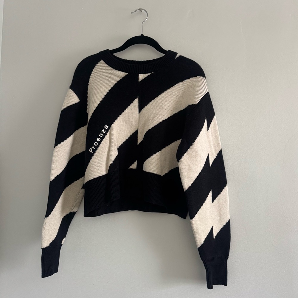 Proenza Schouler Black & Cream Graphic Cropped Crewneck Sweater